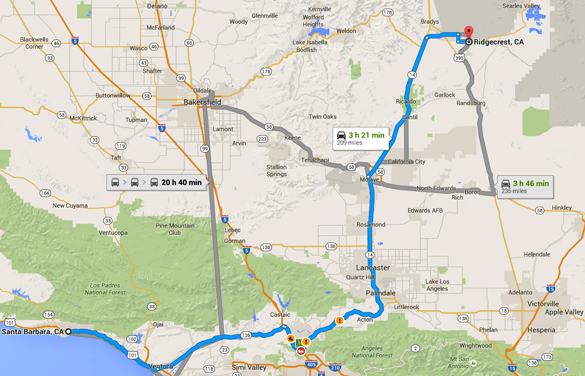 The couple experienced a loss of time during the incident. Ridgecrest is about 200 miles northeast of Santa Barbara, CA. (Credit: Google)